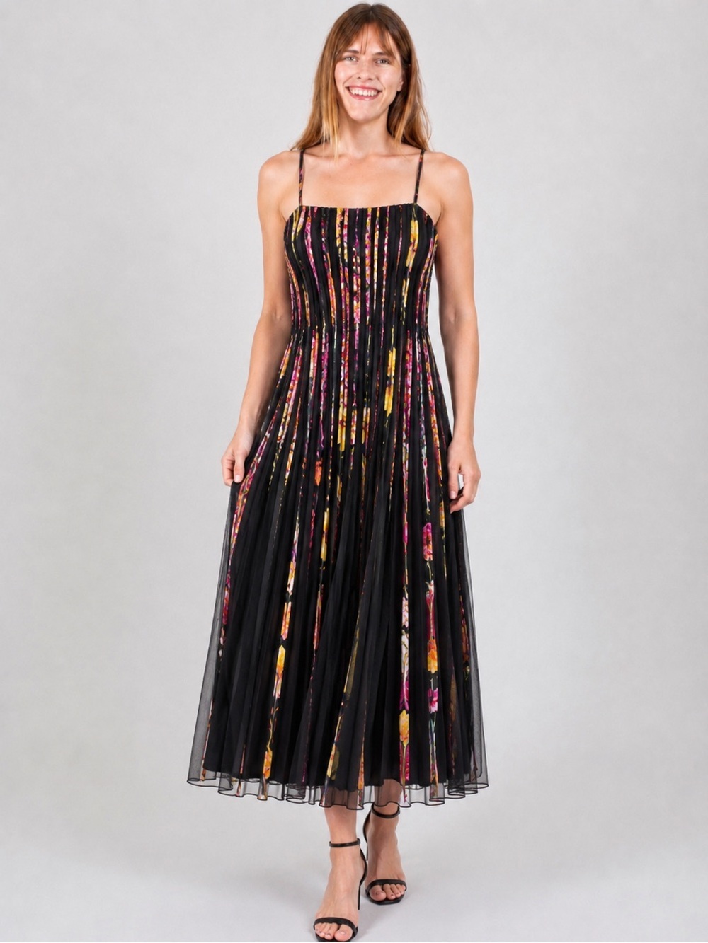 JS Collections Pleated Mesh Floral Midi Dress Size 10